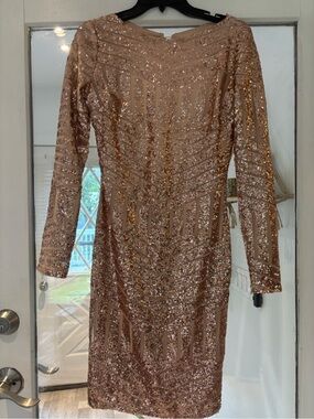 Hot Miami Styles Rose Gold Geometric Sequin Long Sleeve Open Back Mini Dress